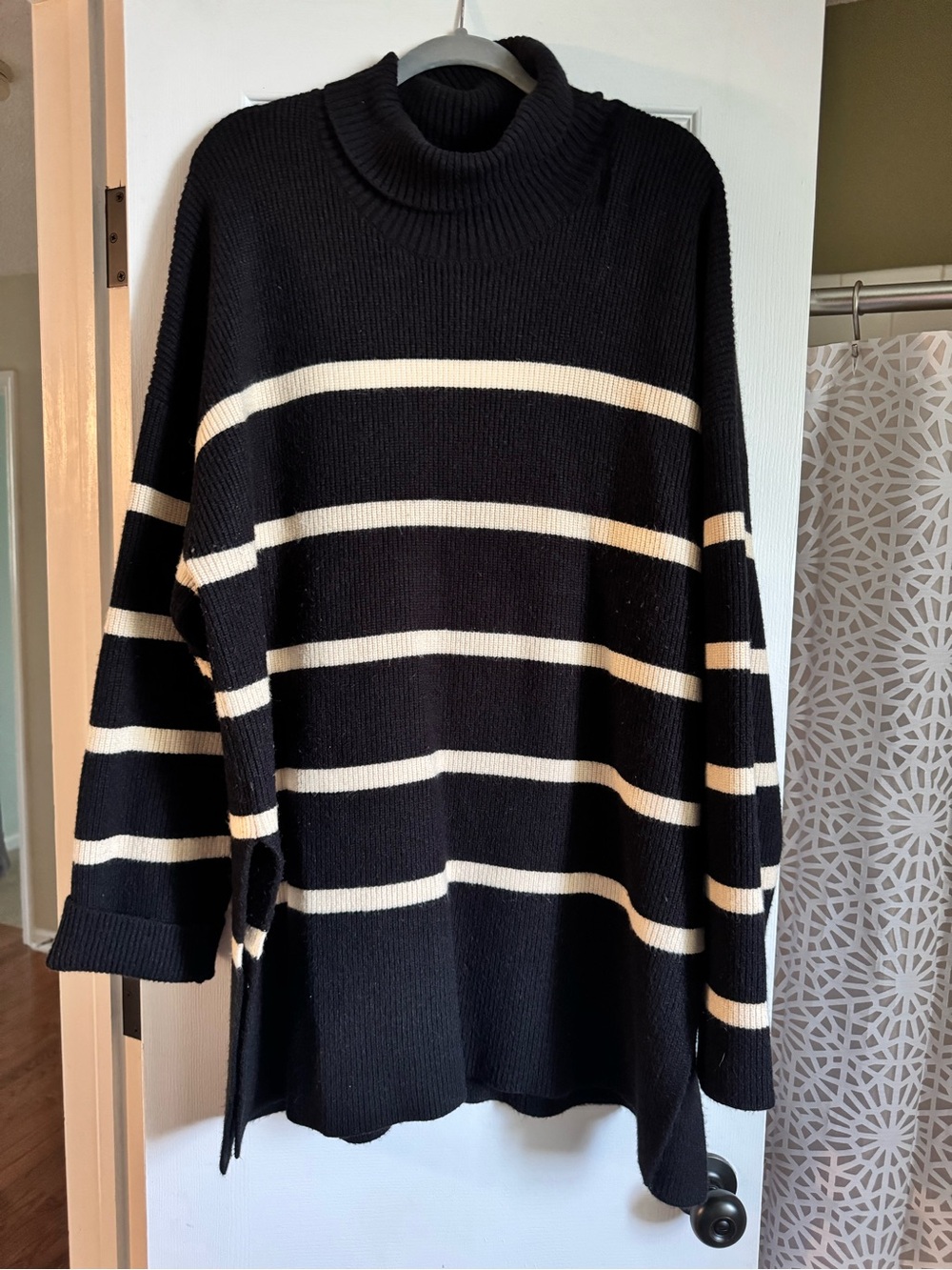 Oversized Black & Cream Striped Turtleneck Tunic Sweater